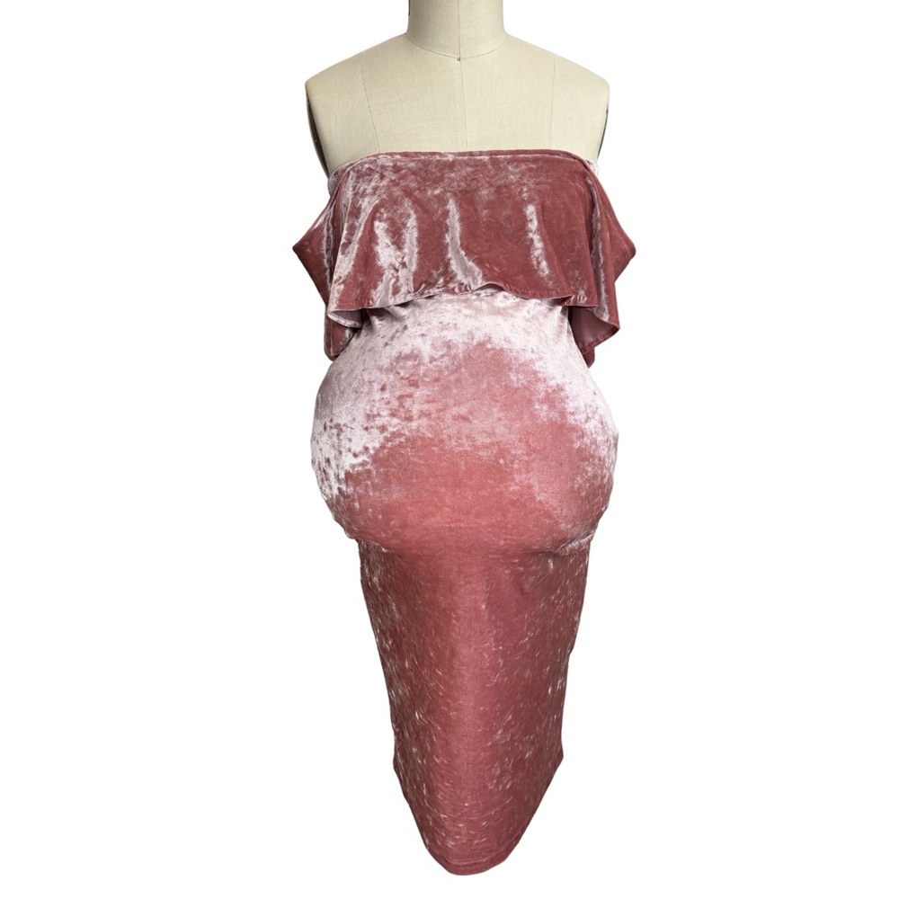 Made by Me: Maternity Elegant Pink Velvet Velour Off-Shoulder Midi Dress Shower - Picture 2 of 9
